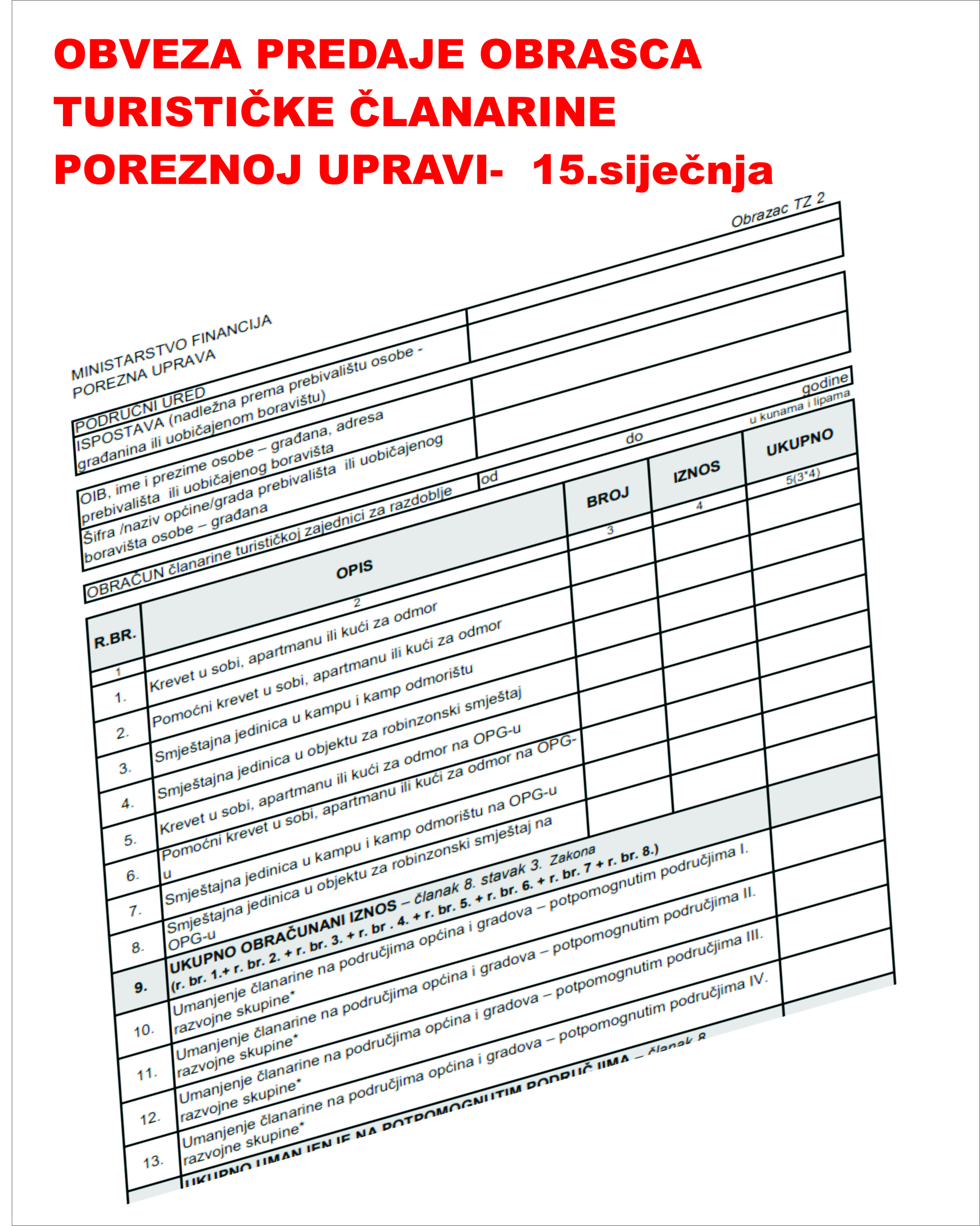 Obveza dostave Obrasca turističke članarine poreznoj upravi