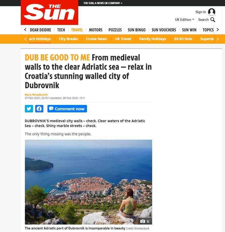 Objavljen članak o Dubrovniku u poznatom britanskom tabloidu „The Sun“