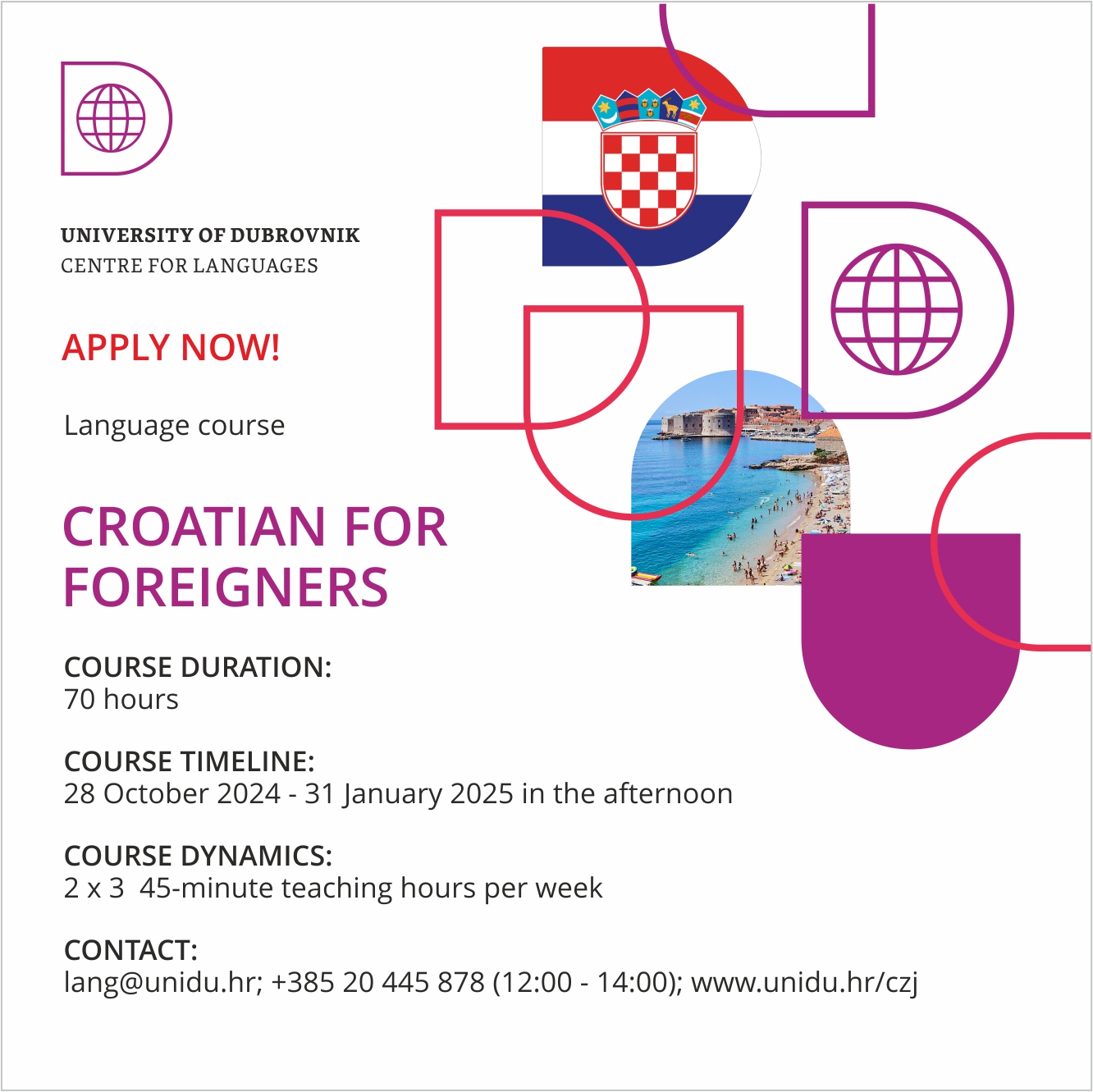 Hrvatski jezik za strance od 23. listopada 2023. do 26. siječnja 2024. na Sveučilištu u Dubrovniku